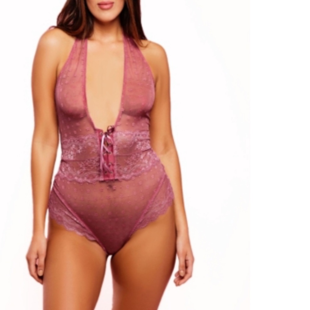 Women's Halter One Piece Plus Size Floral Dotted Mesh Teddy Lingerie